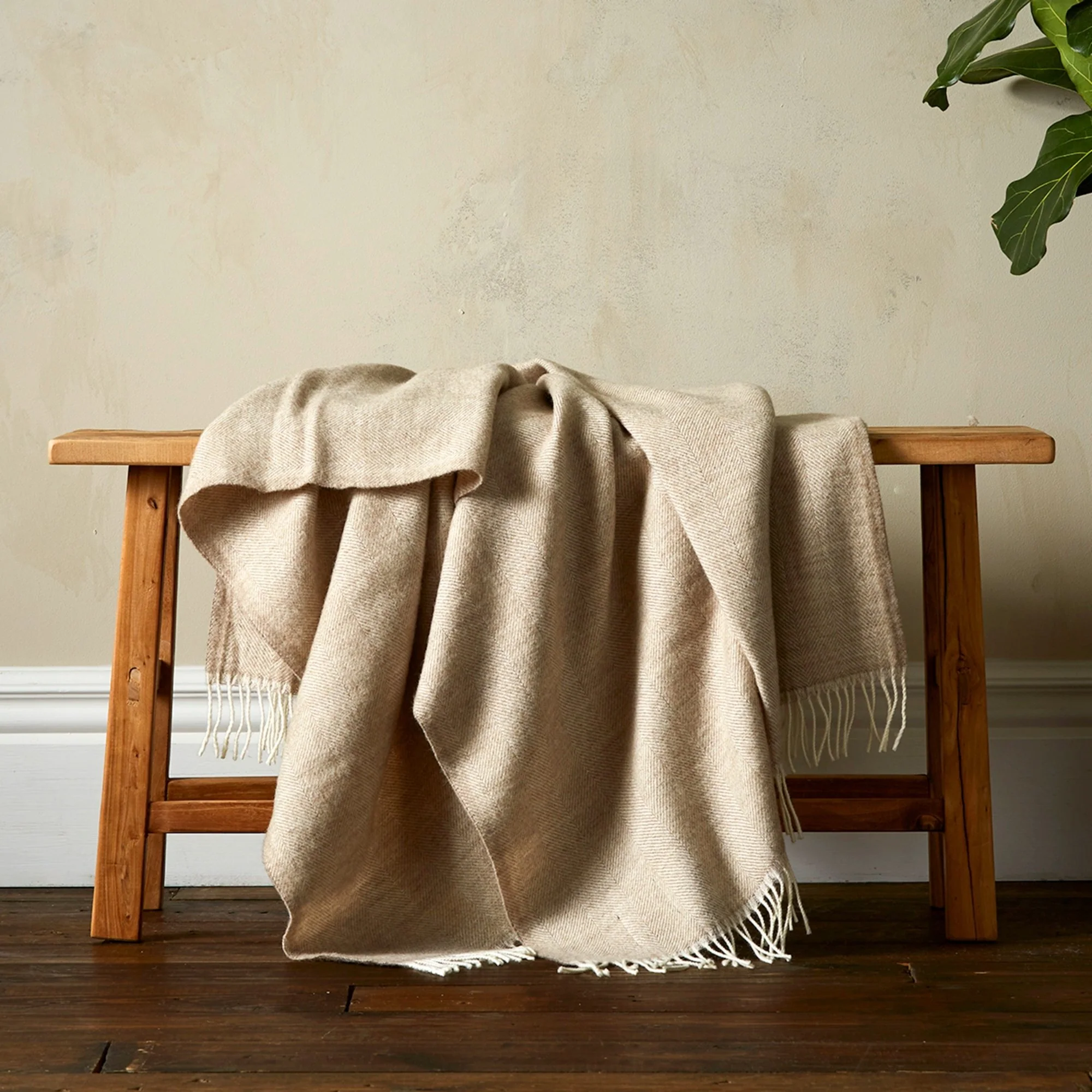 Woolroom Lilly Herringbone Pure New Wool Throw - Beige